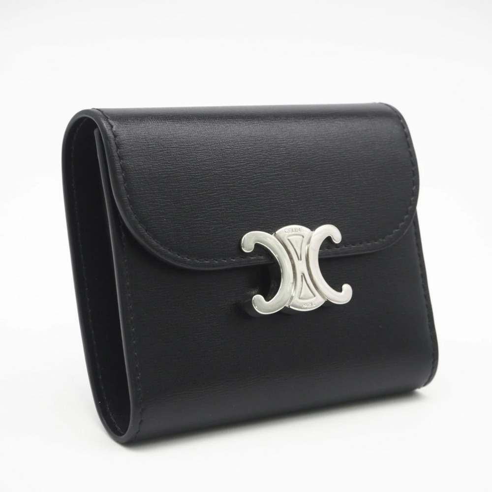 Celine Triomphe Flap Wallet Trifold Calf Leather Silver Black